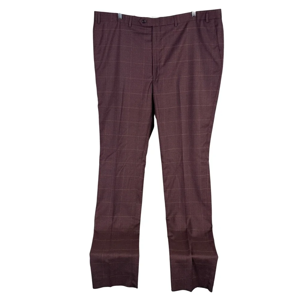 Hart Schaffner Marx Dress Pant New York Fit Mens 44 Unhemmed Burgundy Plaid Wool